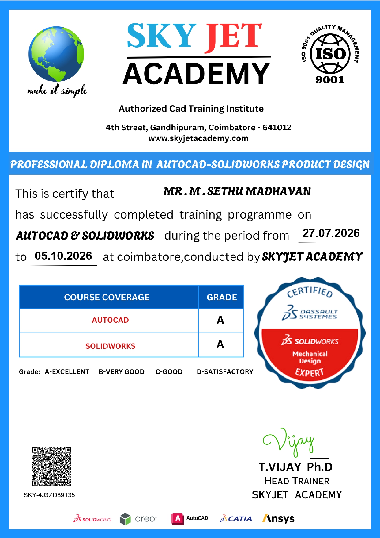 Skyjet Academy certificate - Professional Diploma in AutoCAD-SolidWorks Product Design